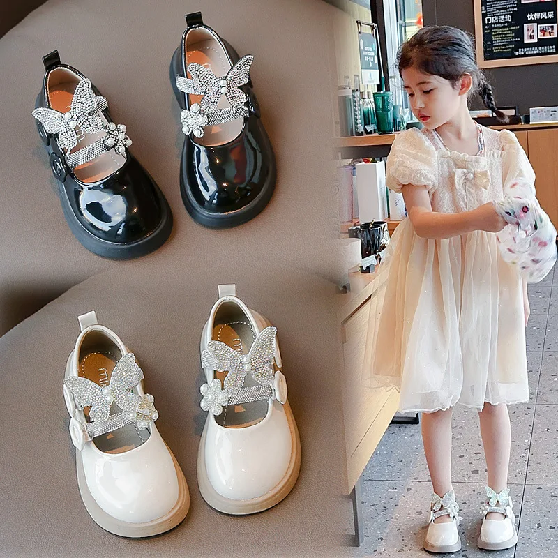 Children's Rhinestone Princess Shoes 2024 Spring&Autumn New Girl‘s Butterfly Soft Sole Leather Shoes Non Slip Temperament Flats