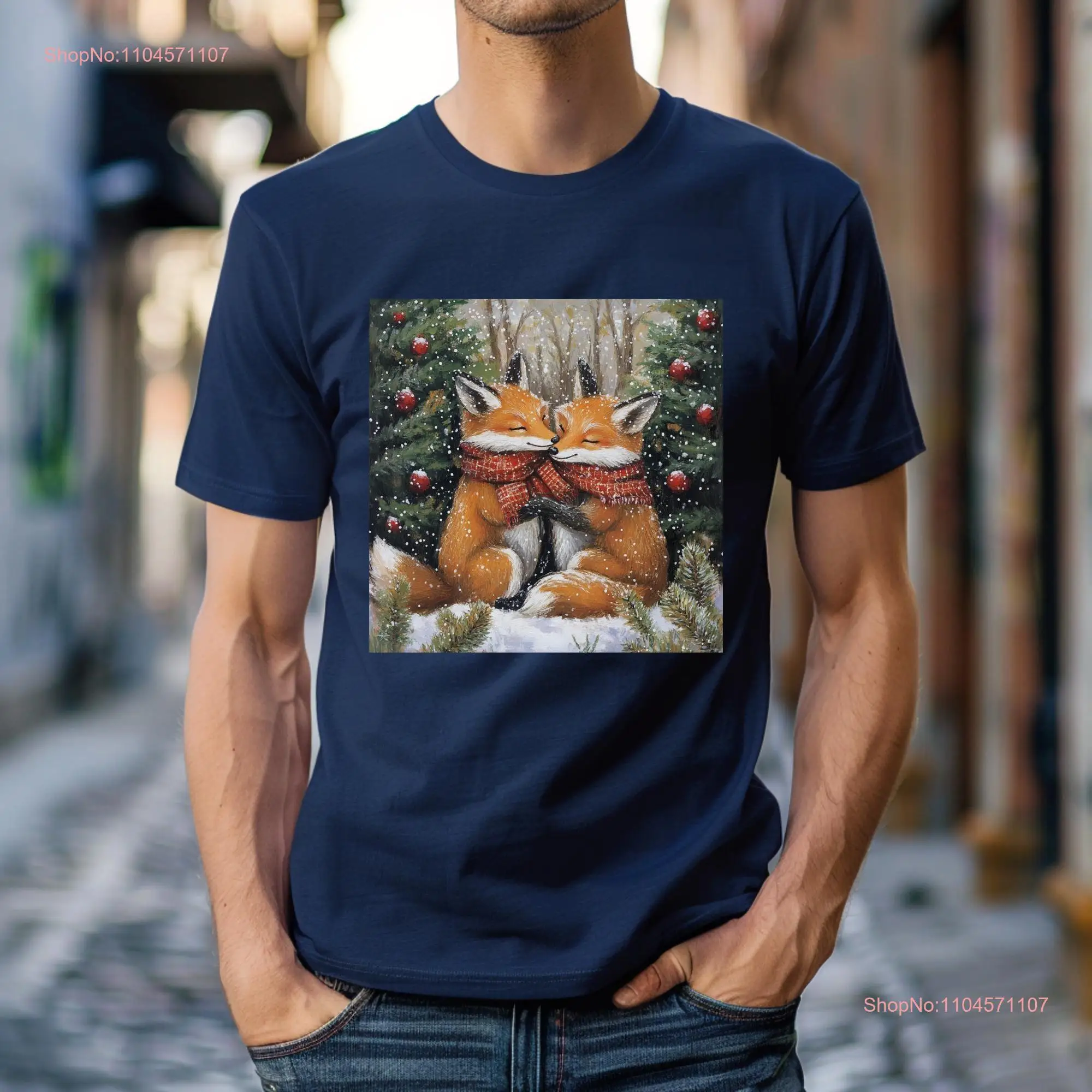 احتفالي الثعلب زوجين تي شيرت عيد الميلاد موضوع الحيوان الفن عارضة فكرة طويلة أو قصيرة الأكمام