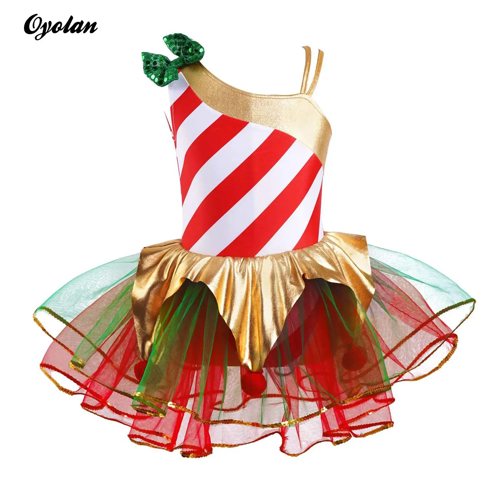 

Kids Girls Xmas Christmas Candy Cane Cosplay Costume Gymnastics Figure Skating Dress Shiny Metallic Ballet Tutu Princess Dress