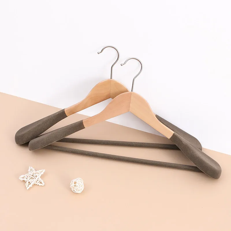 10 pcs High-End Wide Shoulder Flocking Solid Wood Hanger Coat Non-Slip Seamless Household Clothes Chapelet Suit