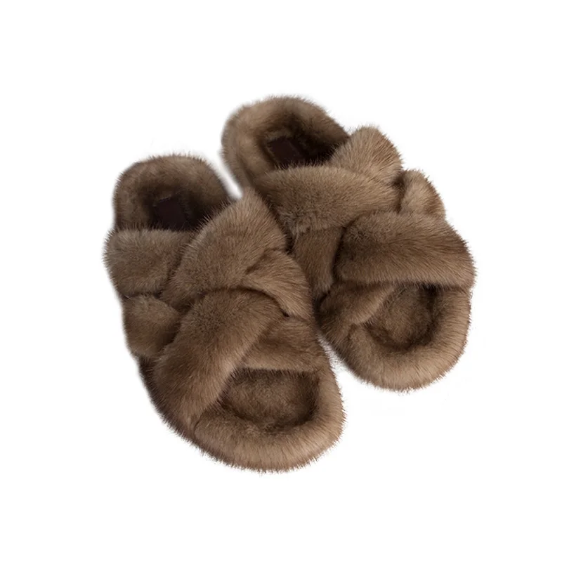 Fur Slippers Women Autumn Winter New Warm Footwear Home Open Toe Fluffy Mink Slippers Fashion Outer Wear Women's Light Shoes