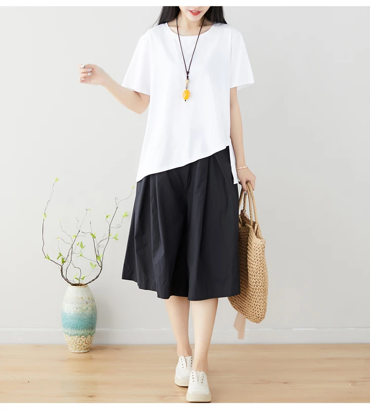 

Slimming Effect Summer Outfit for plus Size Women Irregular ort Sve T-irt And Wide Leg Skirt Pants Two Piece Set