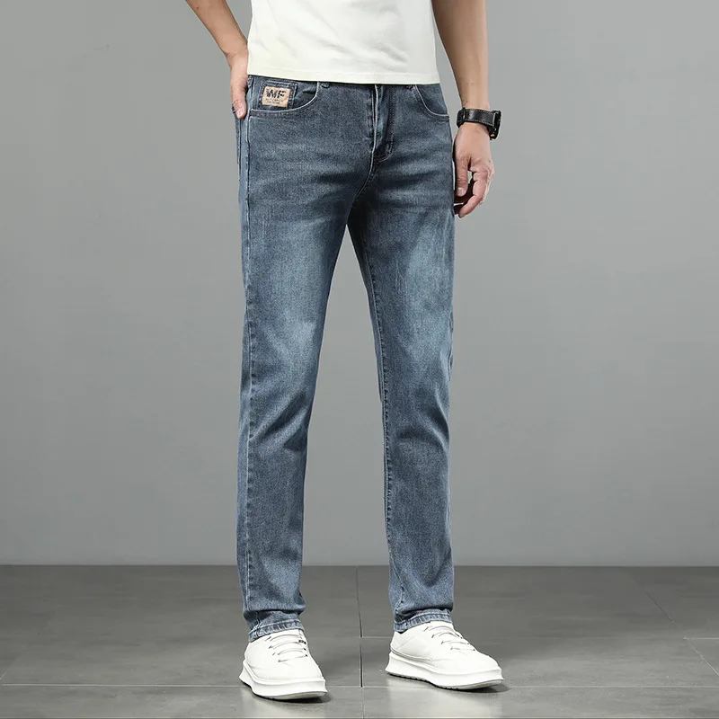 

Мужские джинсы Slim Fit из эластичного флиса для весны, повседневные прямые джинсы с молнией, свободный крой, молодежные
