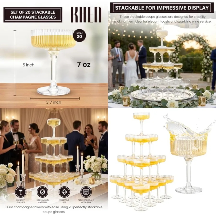 

Premium ACRYLIC PLASTIC Champagne Tower Kit 20 Stackable 7 oz Coupe Flutes Reusable Shatterproof Plastic Martini Glasses Pyrami