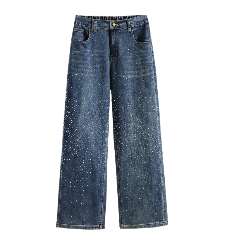 High Waist Straight Leg Denim Jeans Women plus Size Sparkling Rhinestones Slimming Loose Wide Leg Pants Casual Cotton Polyest... view 5