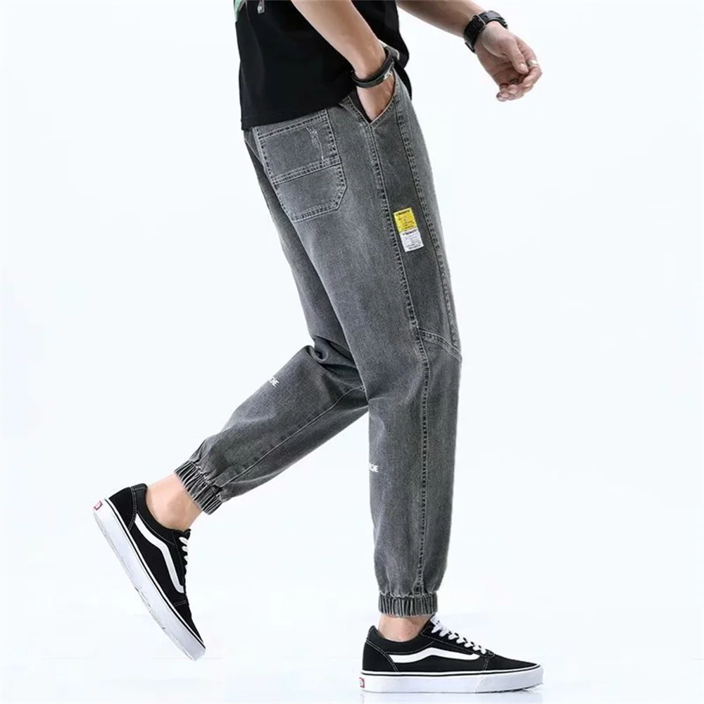 2024 Summer Men\'s Jeans Jogger Thin Harem Pants Cotton Banded Pant Korea Style Light Blue Hip Hop Beam Feet Casual Trousers Male