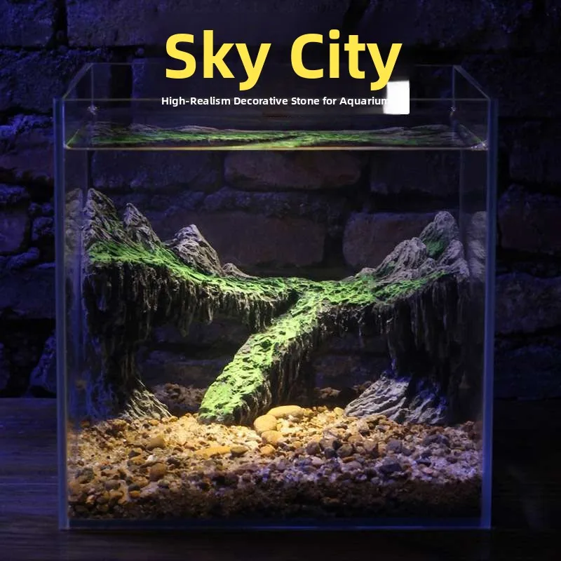 

Декор для аквариума: Искусственный горный хребет с водной пропастью, декоративные украшения, имитация камней с мхом