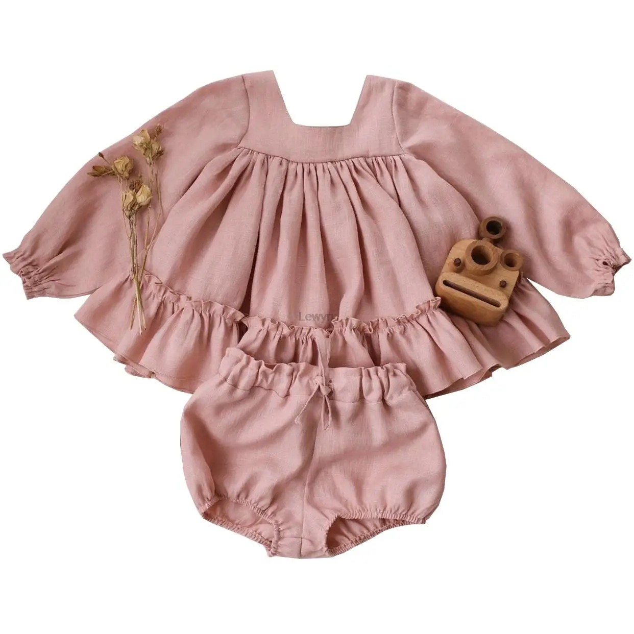Spring Baby Girls Outfit Newborn Toddler Child Clothes Set Dresses Ruffle Long Sleeve Cotton Linen Infant Romper Bodysuit 6-36M