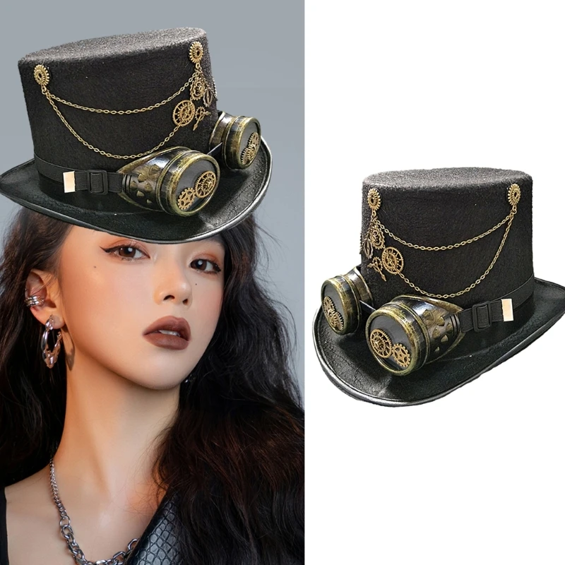 Vintage Adult Man Women Steampunk Flat Top Hat with Goggles Halloween Metal Gear Decor Hat Gothic Cosplay Magician Hat