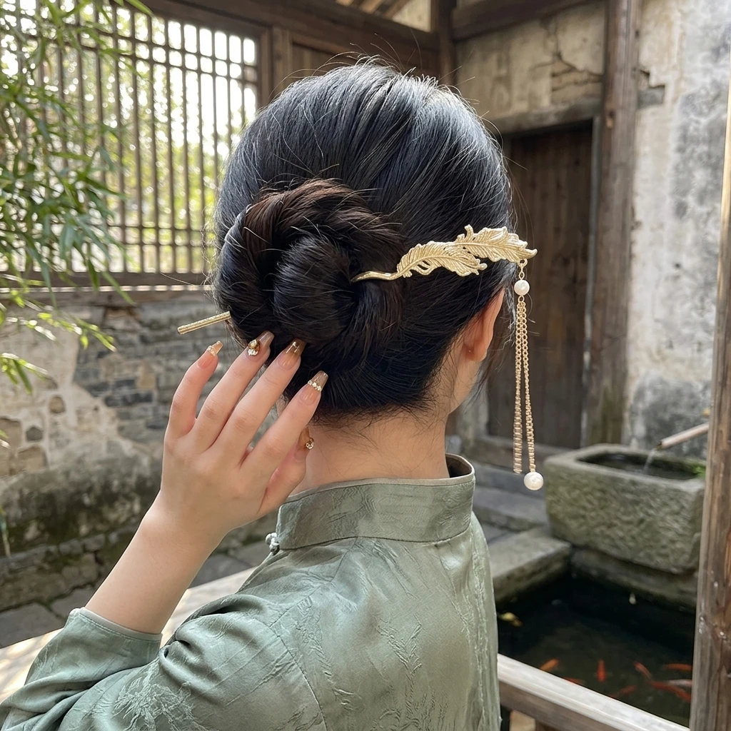 

Metal Hairpin With Feather Tassel Design Elegant Alloy Bun Hairstyle Accessory For Women Traditional Occasion Use