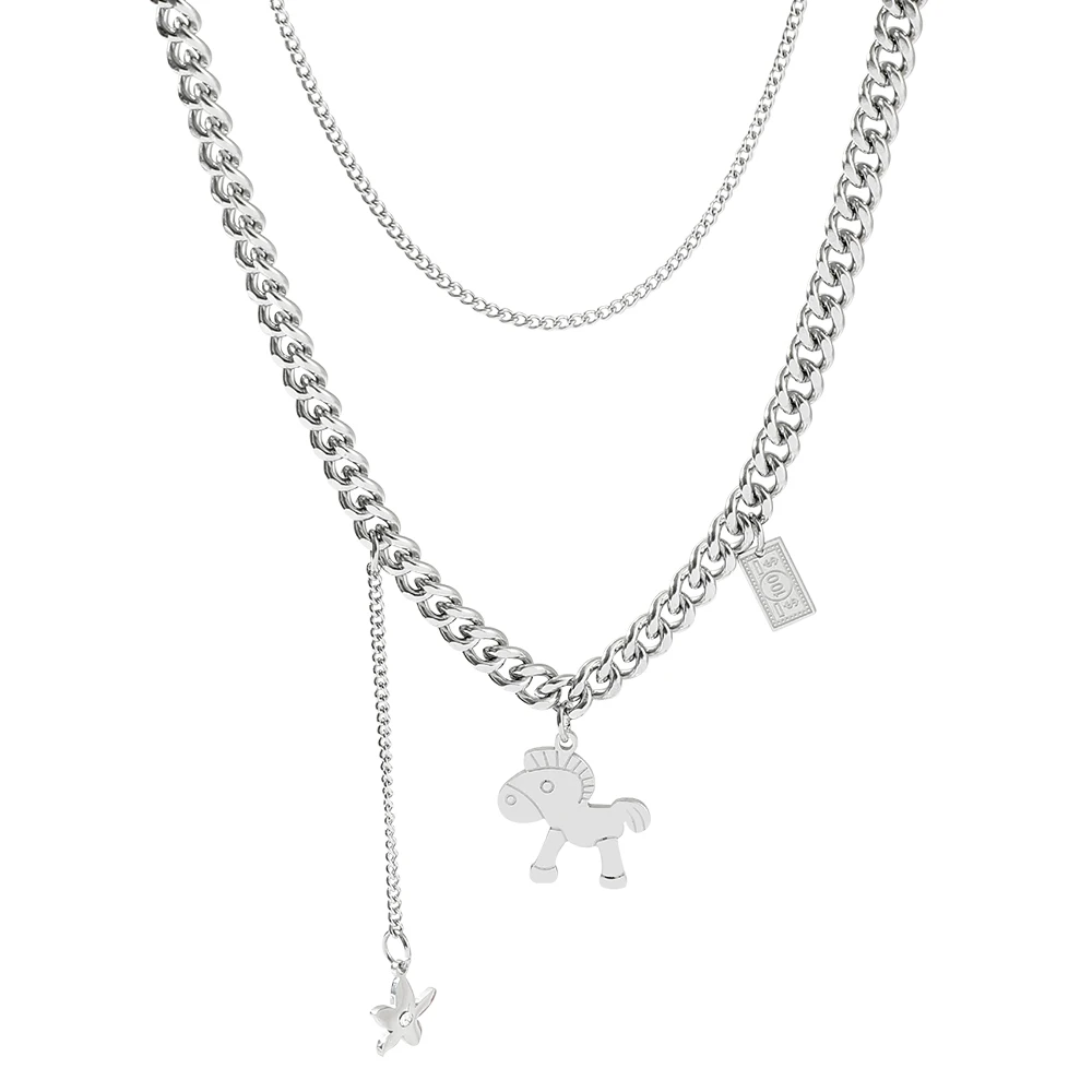 

Милый кулон-пони, двухслойное ожерелье, серебристый тон, мультяшный конь, талисман удачи, кубинская цепочка-чокер с цветочной подвеской, эстетика Y2K