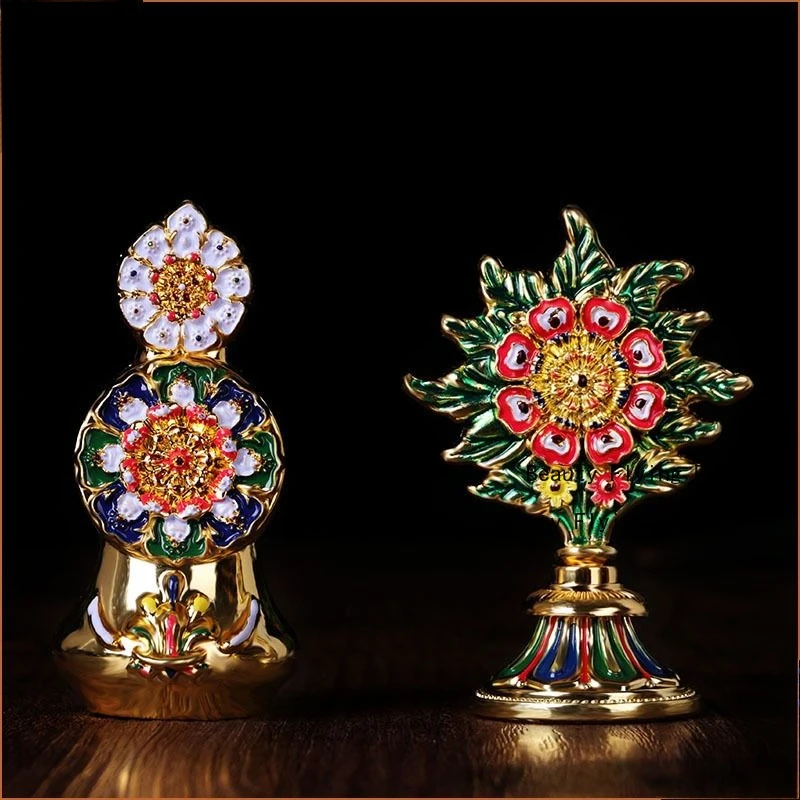 8cm 2pc high gold-plated painted eight Tibetan supplies esoteric ritual vessels butter flower gift box small ornament