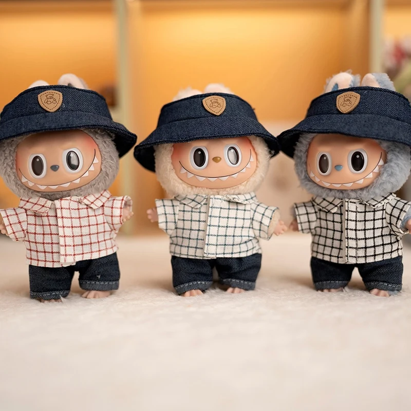 17cm Hot Labubu Doll Clothes Fashion Clothes Hat Plaid Shirt Jeans For 17cm Doll Clothes Dolls Accessories Three-piece Set Gift