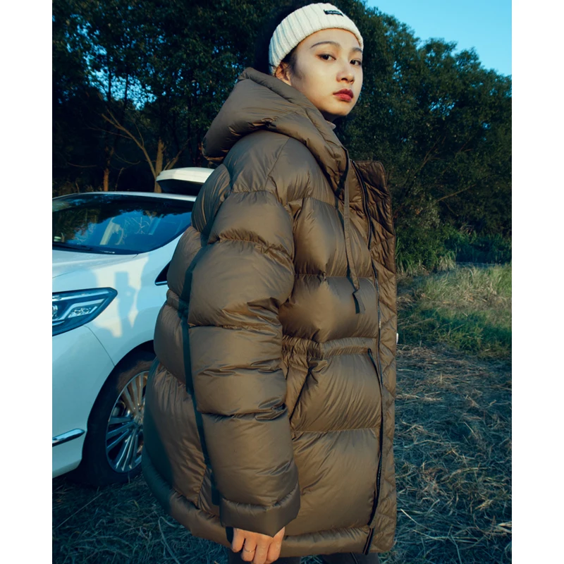 Hooded Women Down Jackets Solid Fluffy Thick Warm Female Down Coat Drawstring Belt Casual Commute Puffer Jacket