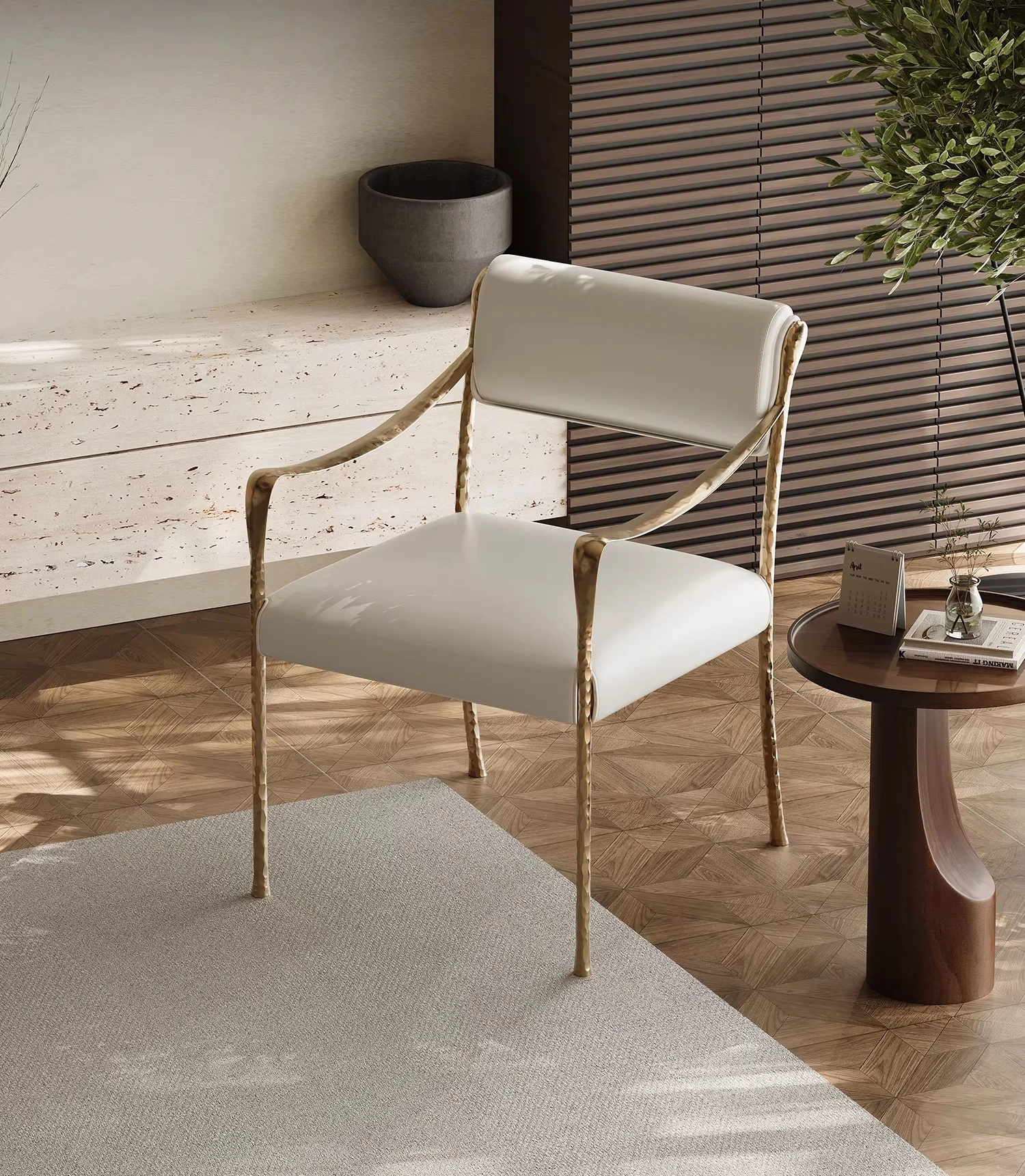 Medieval wabi-sabi wind forged stainless steel metal retro dining chair designer new single sofa leather leisure chair