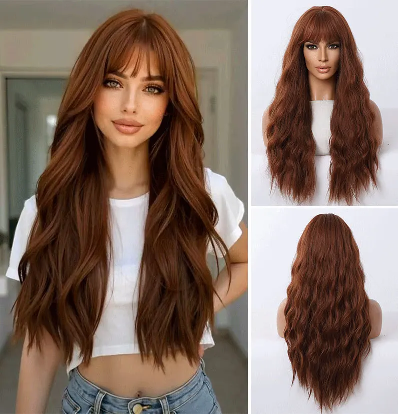 JOVIA Peach red woolen curly long hair with fringe water ripple pattern high temperature silk fake hair accessory Heat Resistant