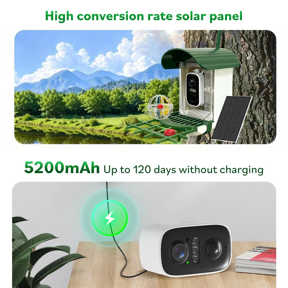 5MP Solar Bird Feeder Camera WiFi Wireless HD Night Vision with Solar Panel Rechargeable Battery Instant Alerts for Birdwatching