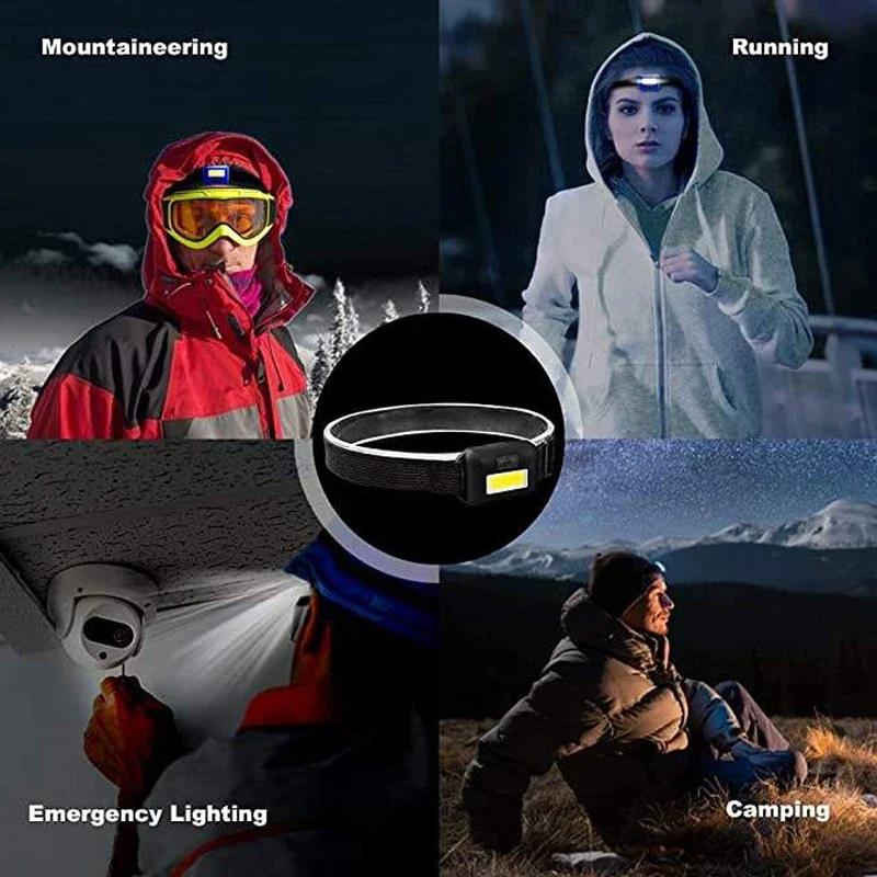 Farol LED COB portátil com 3 modos, mini faróis, lâmpada de cabeça para acampar, caminhadas, pesca, aventura, ciclismo, ao ar livre