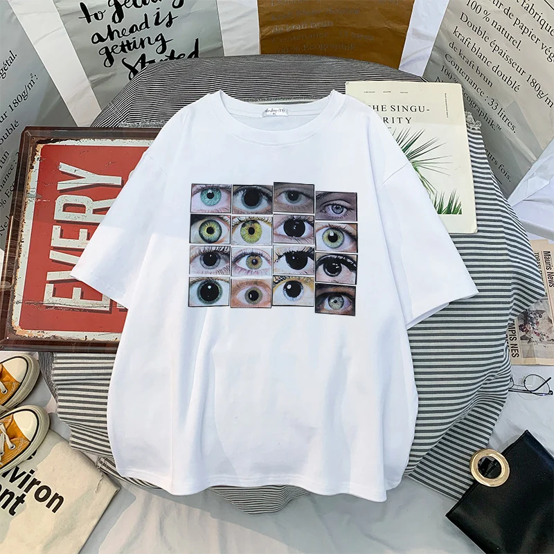 Men/Women T-Shirt Harajuku Eyes Print Short Sleeve Y2K Streetwear Tops Aesthetic T-Shirt Vintage Gothic Black O-Neck Tee Shirts