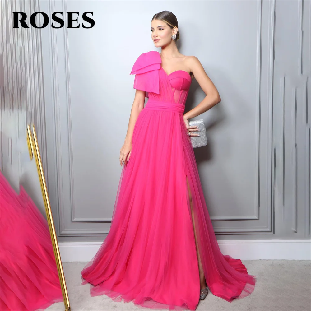 

ROSES Sweetheart Chic Woman Evening Dress Gown One Shoulder A Line Ball Gown Net Side Split Night Dresses Gown robes de soirée