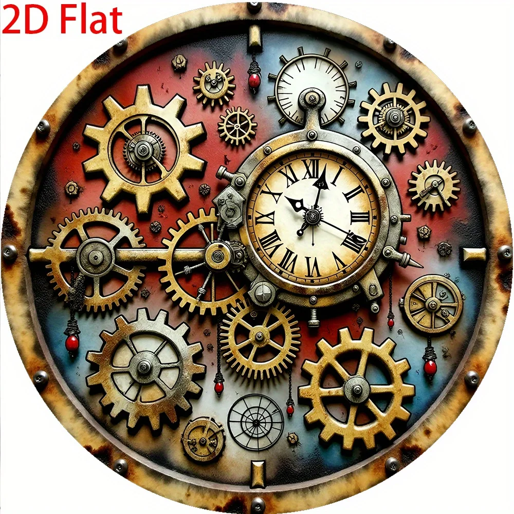 Steampunk Metal Wall Art 2D Flat Round Gear Sign with Clockwork Mechanism, Vintage Rustic Red Blue Decor for Home Kitchen Bar Ca