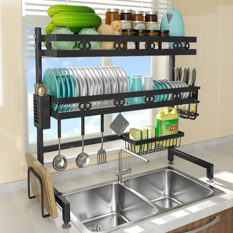 

Dish Drying Rack Over The Sink for Kitchen Counter, Stainless Steel Kitchen Organizer Storage Drainer Shelf Tools Holder Hooks