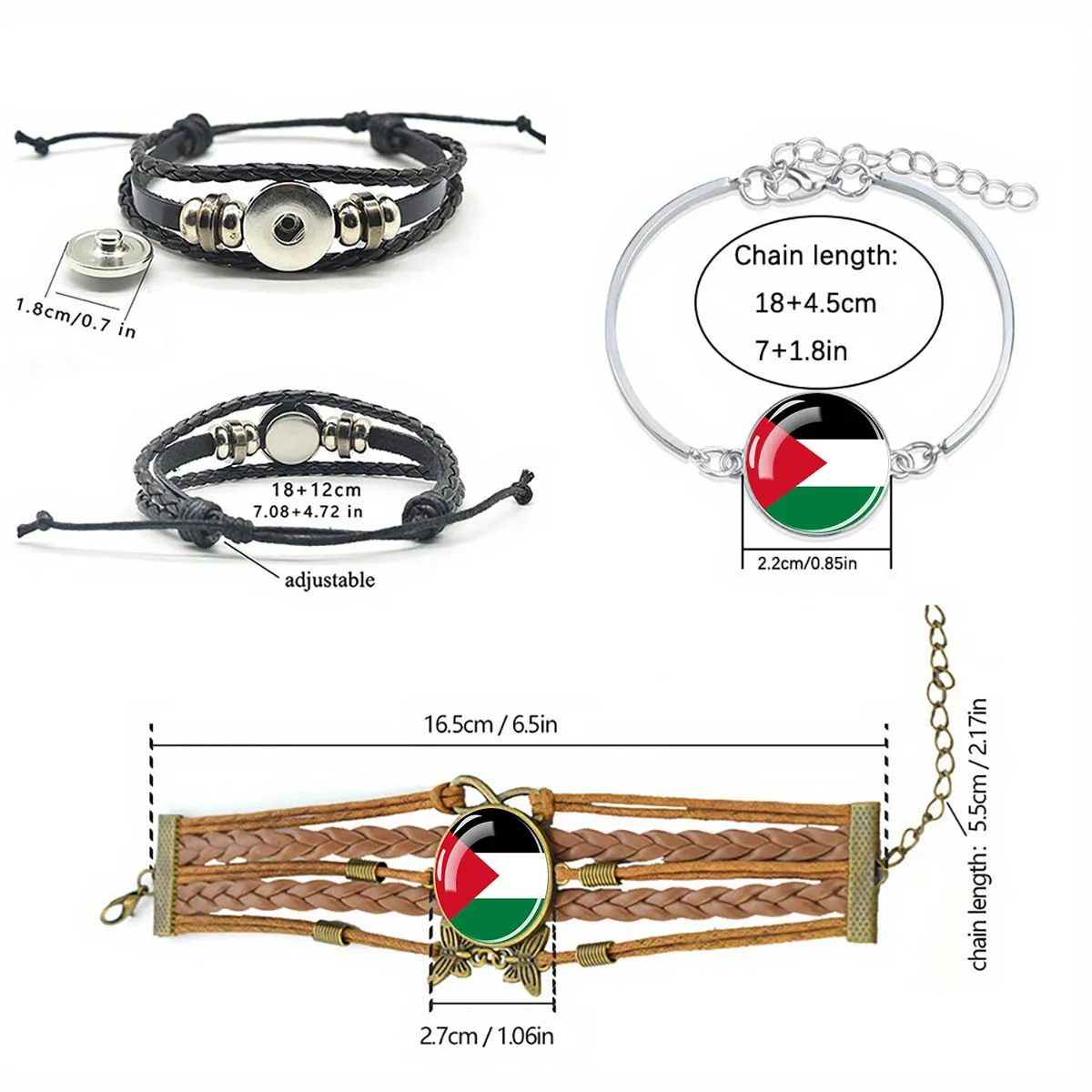 Palestine Flag Bracelet Glass Dome Flag Pattern Leather Metal Bracelet for Men and Women Fashion Jewelry Patriotic Souvenir Gift