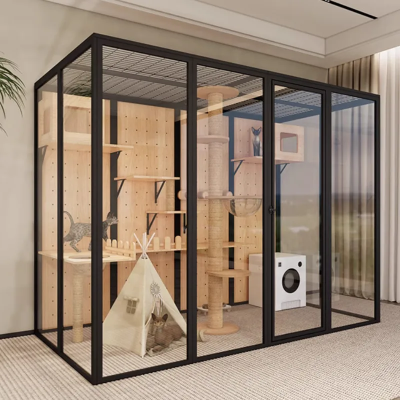 Aluminum Profile Black Frame Indoor Cat House With Climbing Posts Full Clear Glass Wooden Fittings Pet Cage For Active Cats
