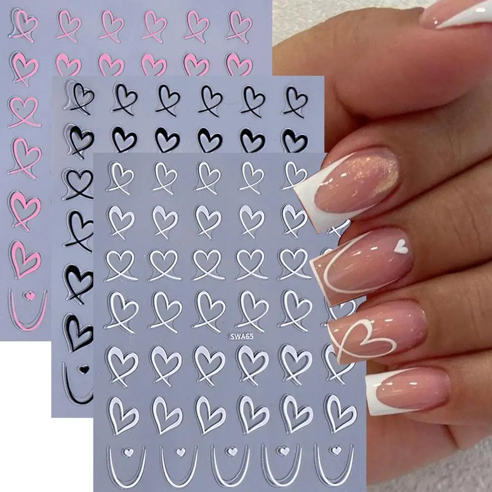 Autocollants 3D Kawaii pour Nail Art, blanc, rose, or, cœur, amour, manucure, décorations coulissantes pour ongles, décalcomanies adhésives pour la saint-valentin, DIY bricolage, X4S6