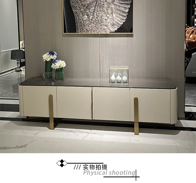 Italian light luxury solid wood TV cabinet hardware base marble surface floor villa post-modern home