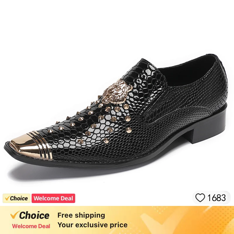 Zapatos de negocios con patrón de serpiente dorada para hombres, zapatos de vestir formales, Punta puntiaguda de Metal de lujo, fiesta, boda, talla grande