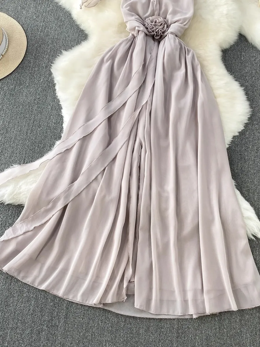 Foamlina praia férias sexy sem costas com decote em v vestido feminino verão 3d floral cinched cintura gravata flor bodycon fenda chiffon vestido