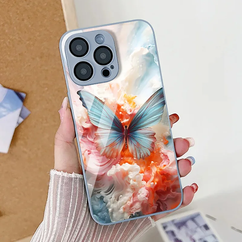 

Tempered Glass Case For iPhone 13 Case iPhone 14 15 12 11 Pro X XS Max XR 7 8 SE Funda Shockproof Gold Butterfly Protect Cover