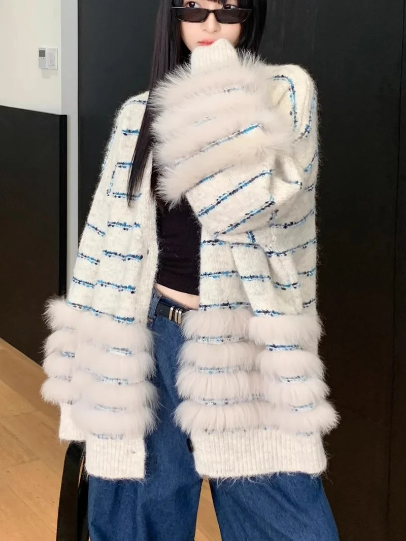 

Fall Winter Mink Fur With Bright Silk Stripe Sweater Cardigan Korean Medium Length Loose Lazy Style Jacket, Women's Casual w1053