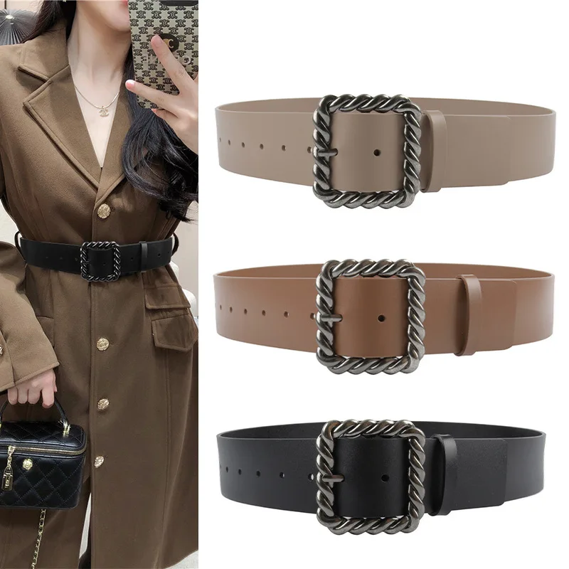 Women's Square Belt Leather Wide Version With Windbreaker Waist Seal Simple Belt High-end Feeling Soft  Durable Length 100CM