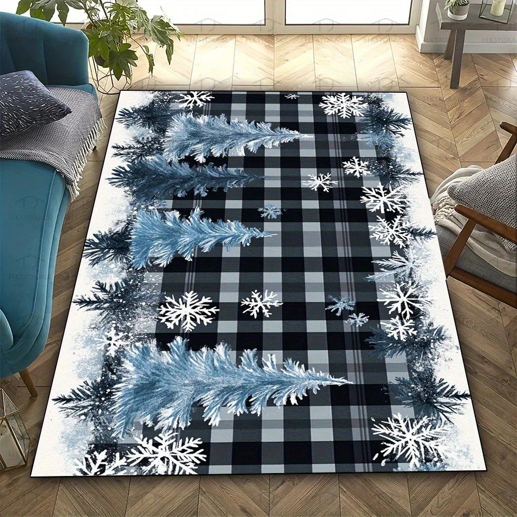 1pc White Snowflake Blue Christmas Tree Pattern Area Rug, Washable, Festive Home Decor, Perfect for Living Room Entryway