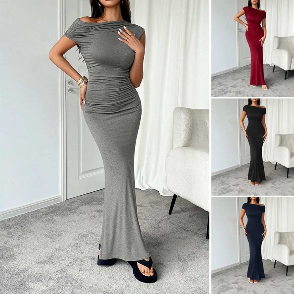 Spice Girl Bag Hip Dress 2025 Summer Solod Color Off Shoulder Slim-fit Dress High Elasticity Dress Ladies Evening Party Dress