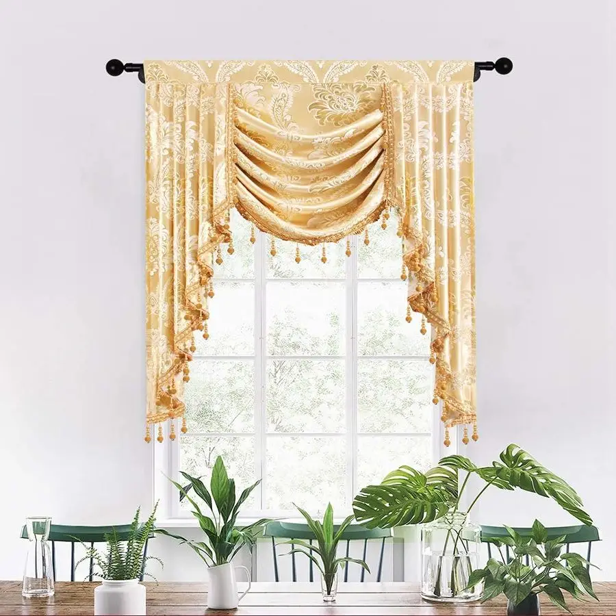 

Золотистый жаккардовый одинарный ламбрекен-водопад для гостиной, дамасский ламбрекен для спальни, с карманом для карниза, ширина 39 дюймов, 1 панель