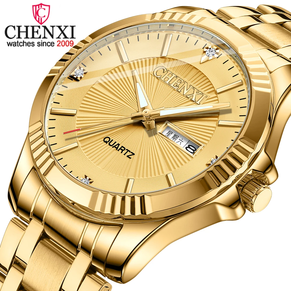 CHENXI Fashion Golden Unisex Classic Quartz Watch Stainless Steel Band Waterproof Luxury Business Wristwatch with Date