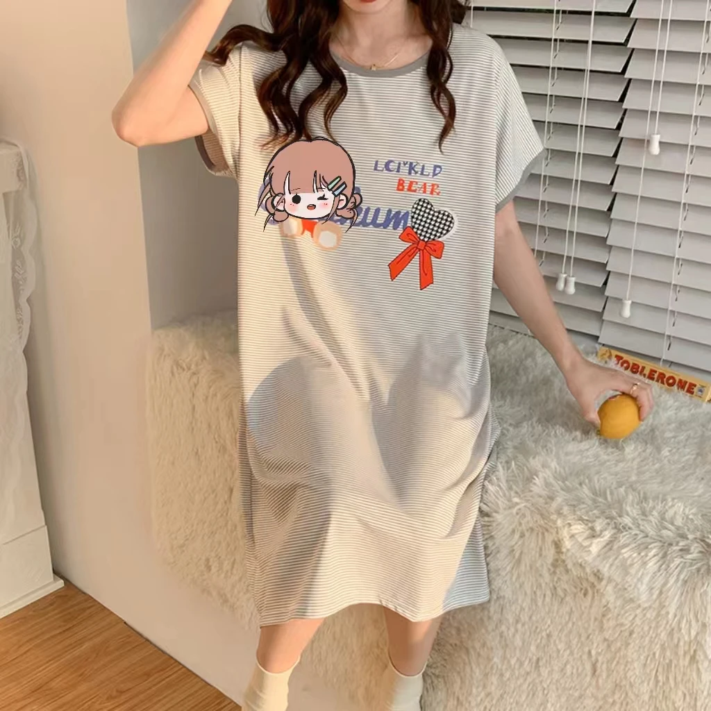 Summer Pajamas Nightgowns Women Short-Sleeved Cartoon Students Girls Cute Loose Nightgown Lazy Big Size Pajamas Homewear