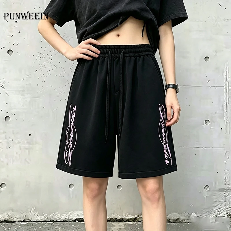 2026 Summer Y2K Harajuku High Street Fashion Letter Print Shorts Elastic Waist Loose-Fitting Casual Street Sports Pants Unisex