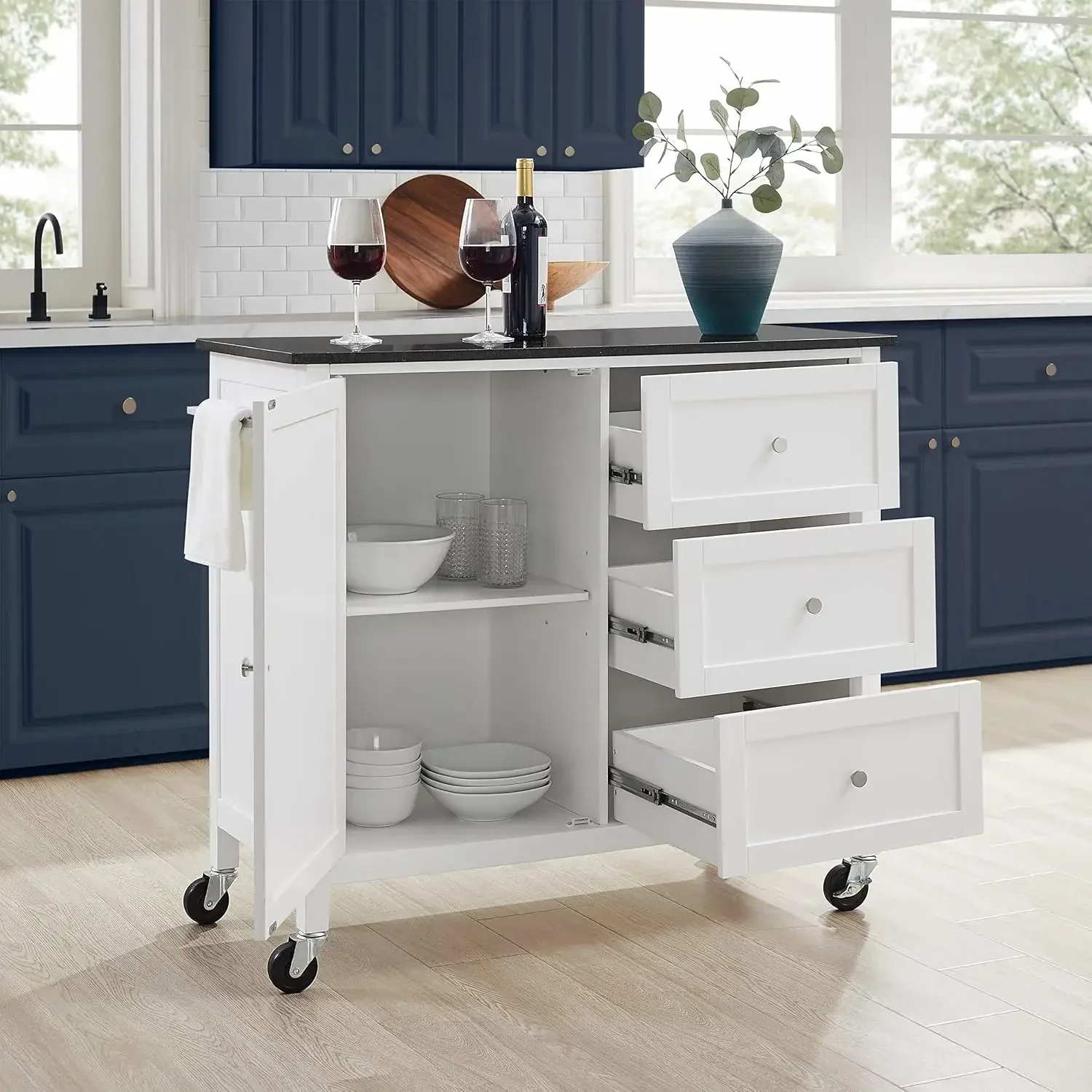 Soren Kitchen Cart with Black Granite Top, Black