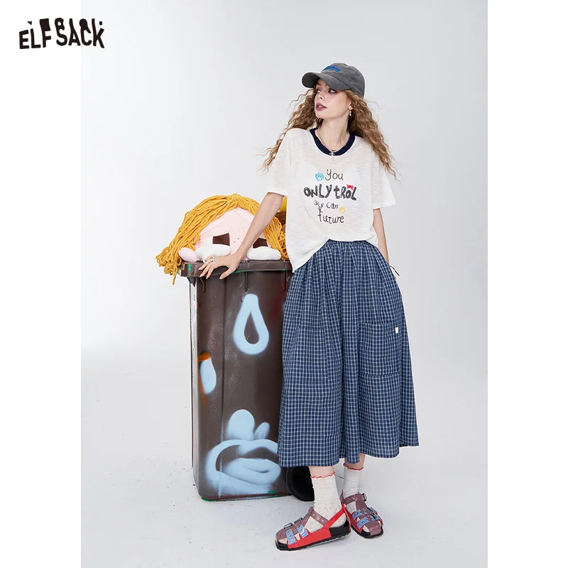 ELFSACK 2025 Summer New Arrival Retro Casual Plaid Wide-Legged Trousers Loose Thin Ankle-length Pant Culotte For Woman