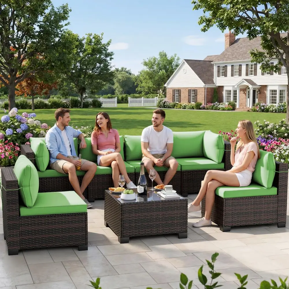 

7 Pieces Outdoor Patio Furniture Sets,Rattan Conversation Sectional Set,Manual Weaving Wicker Patio Sofa with Tea Table