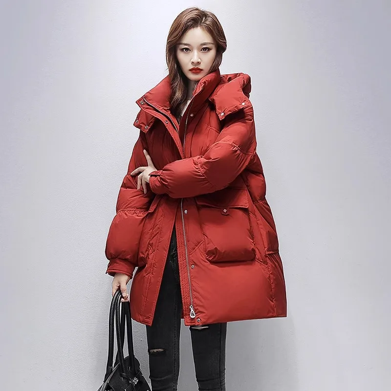 White Duck Down Hooded Jacket with Large Pocket Design, Warm Winter Coat, Mid-length Parka, Elegant Bread Jacket, Fashion