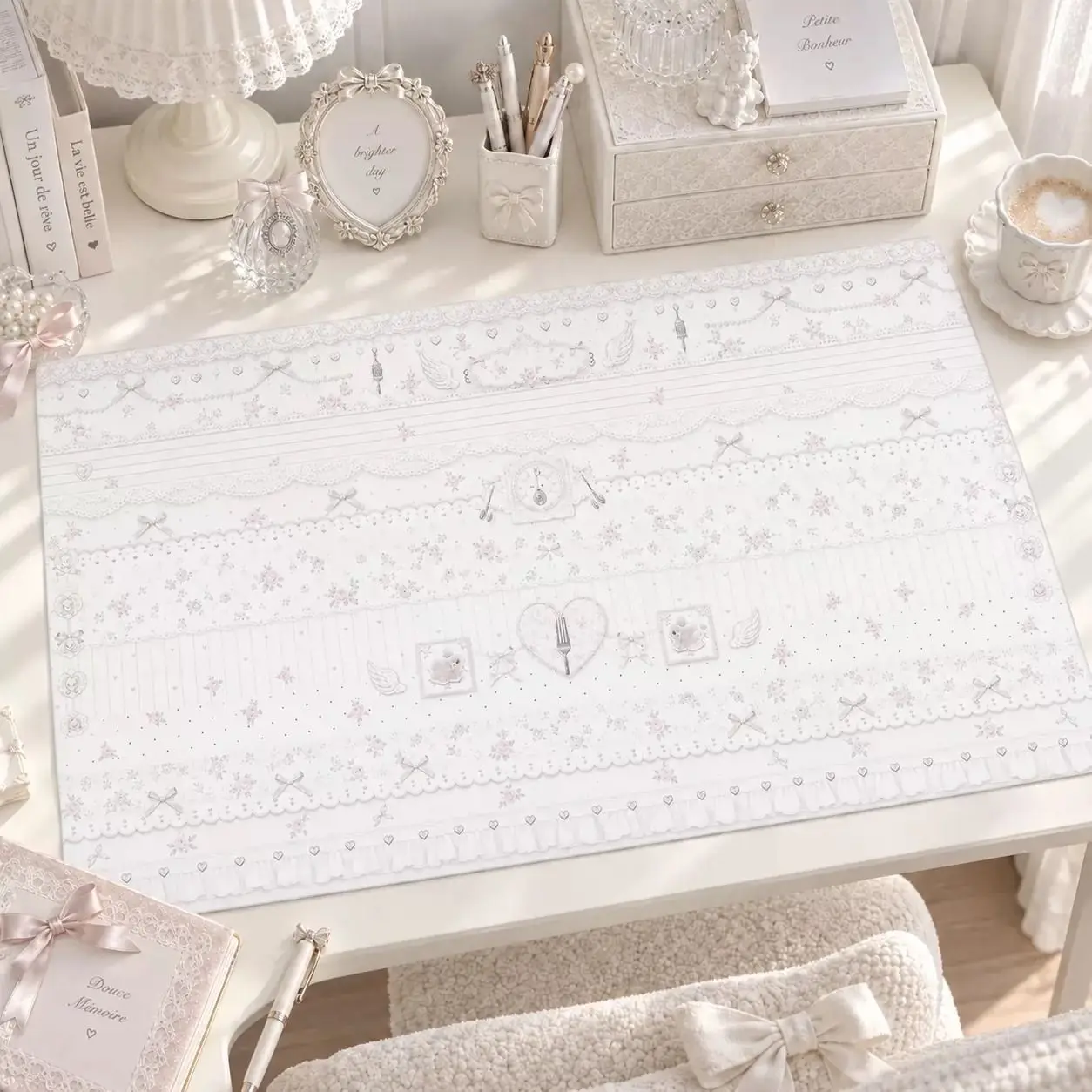 Cream Ins Style Korean Lace Floral Bow PU Leather Mouse Pad Mouse Pad Office Desk Mat Waterproof Non-Slip PU Desk Blotter Pad