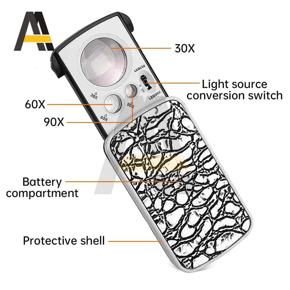 Loupe de bijoux avec lumière LED, 30X 60X 90X Loupe de bijoux avec lumière LED, Lentille optique pour diamant