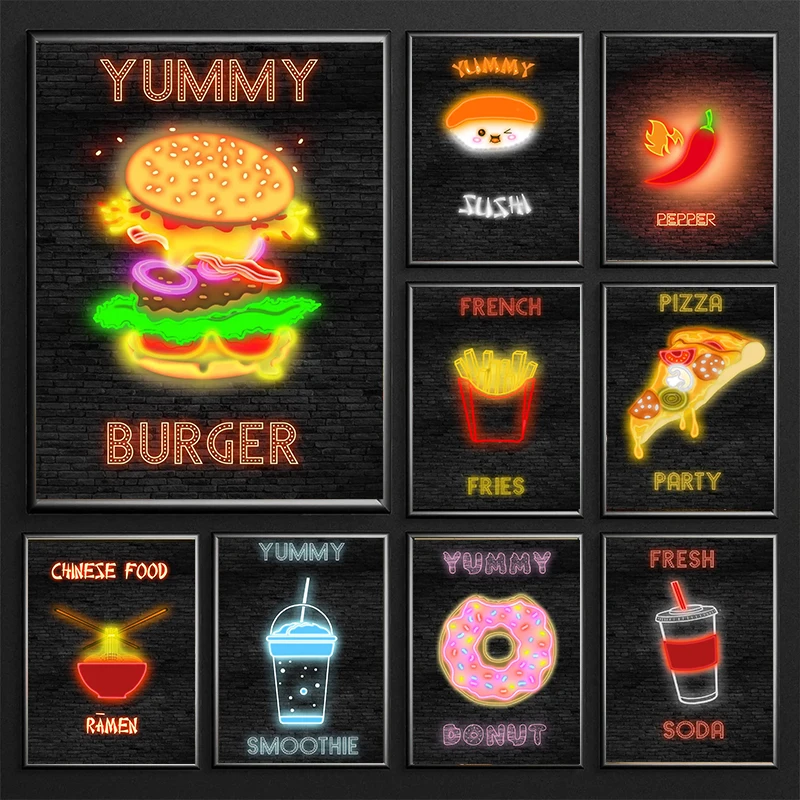 Neon Effect BURGER Poster FRENCH FRIES Canvas Paintings DONUT SUSHI Prints Wall Art Picture for Restaurant Home Decor NO LED