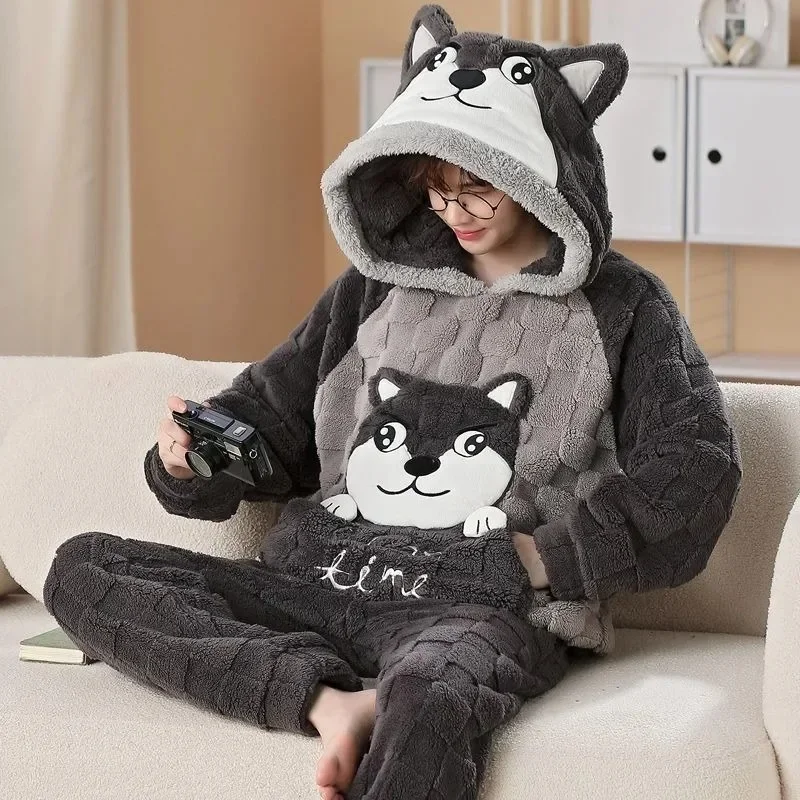 Männer Pyjamas Plüsch Korallen Fleece Pyjamas Herbst Winter männliche Nachtwäsche verdicken lange Ärmel Kapuze Cartoon warme Lounge wear Set