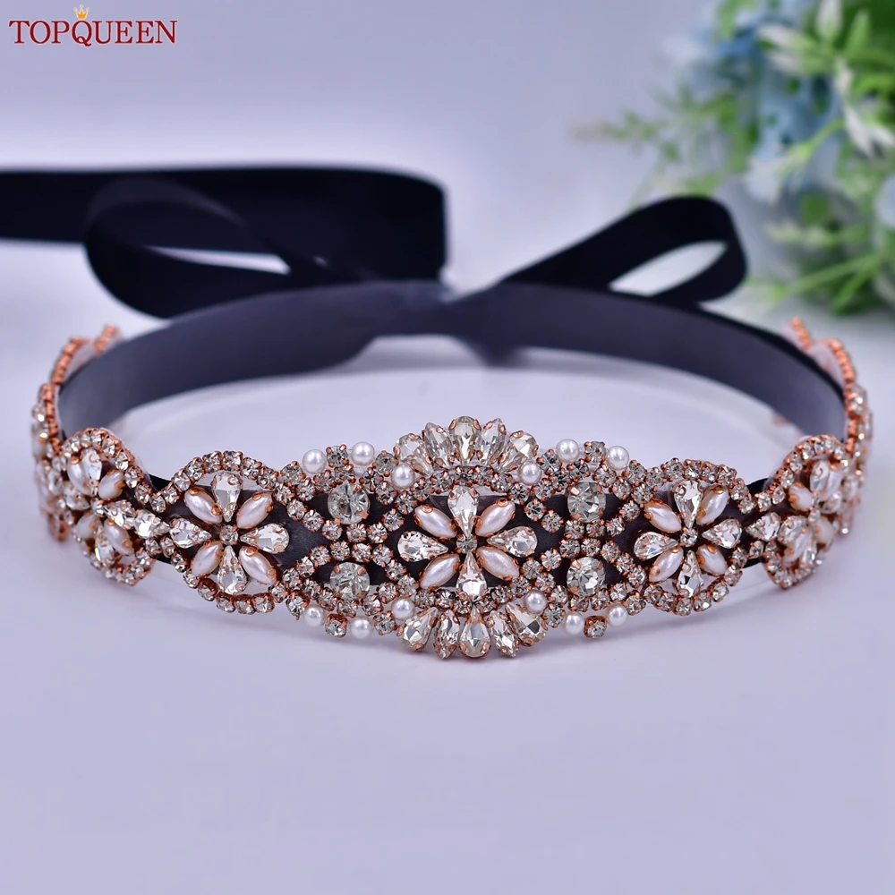 TOPQUEEN S161-RG Bridal Wedding Belts Bride for Women Shiny Rose Gold Rhinestone Formal Prom Party Dress Decoration Ribbon Sash